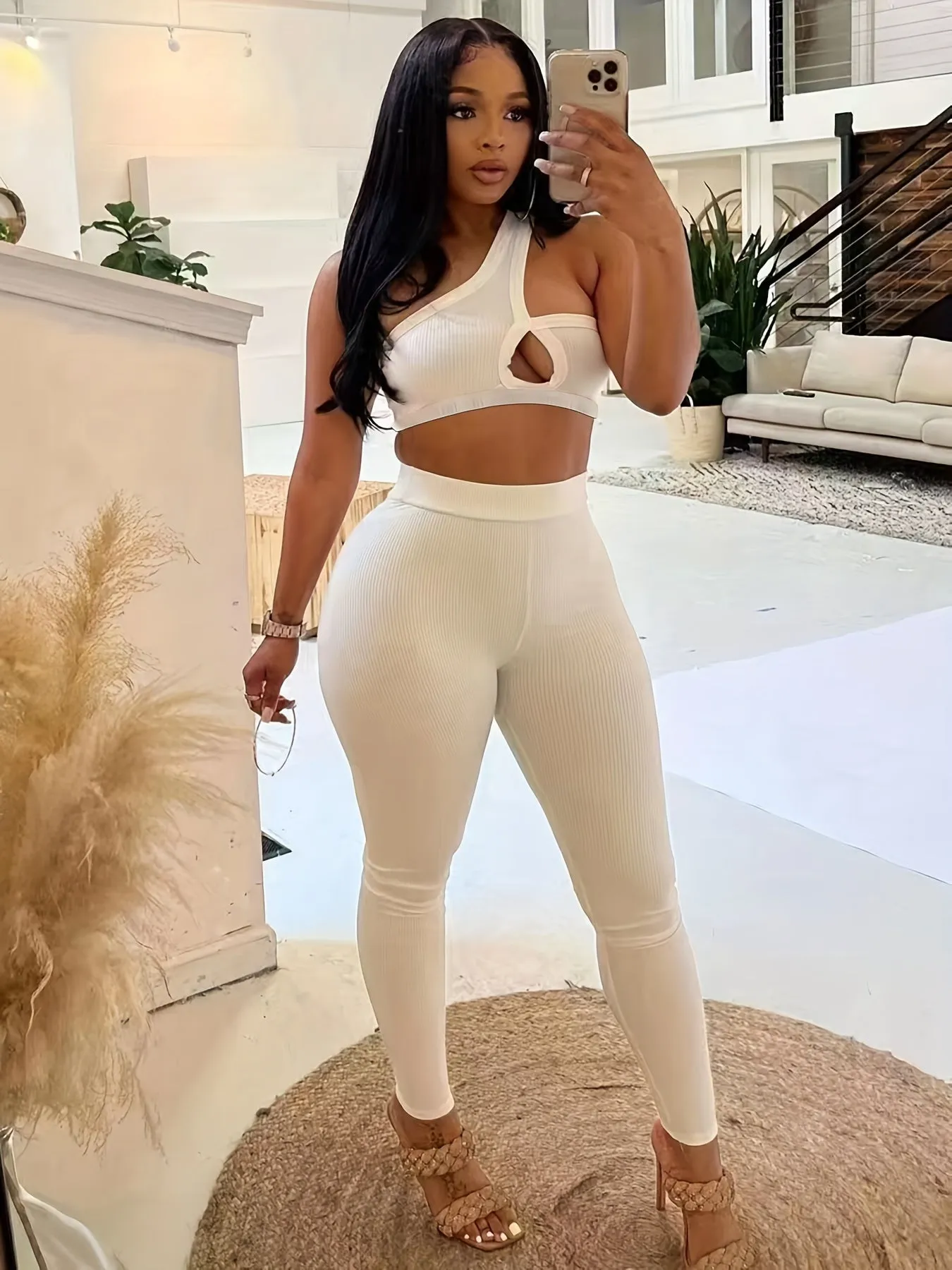 One Shoulder Cut Out Crop Top and High Waist Leggings Set