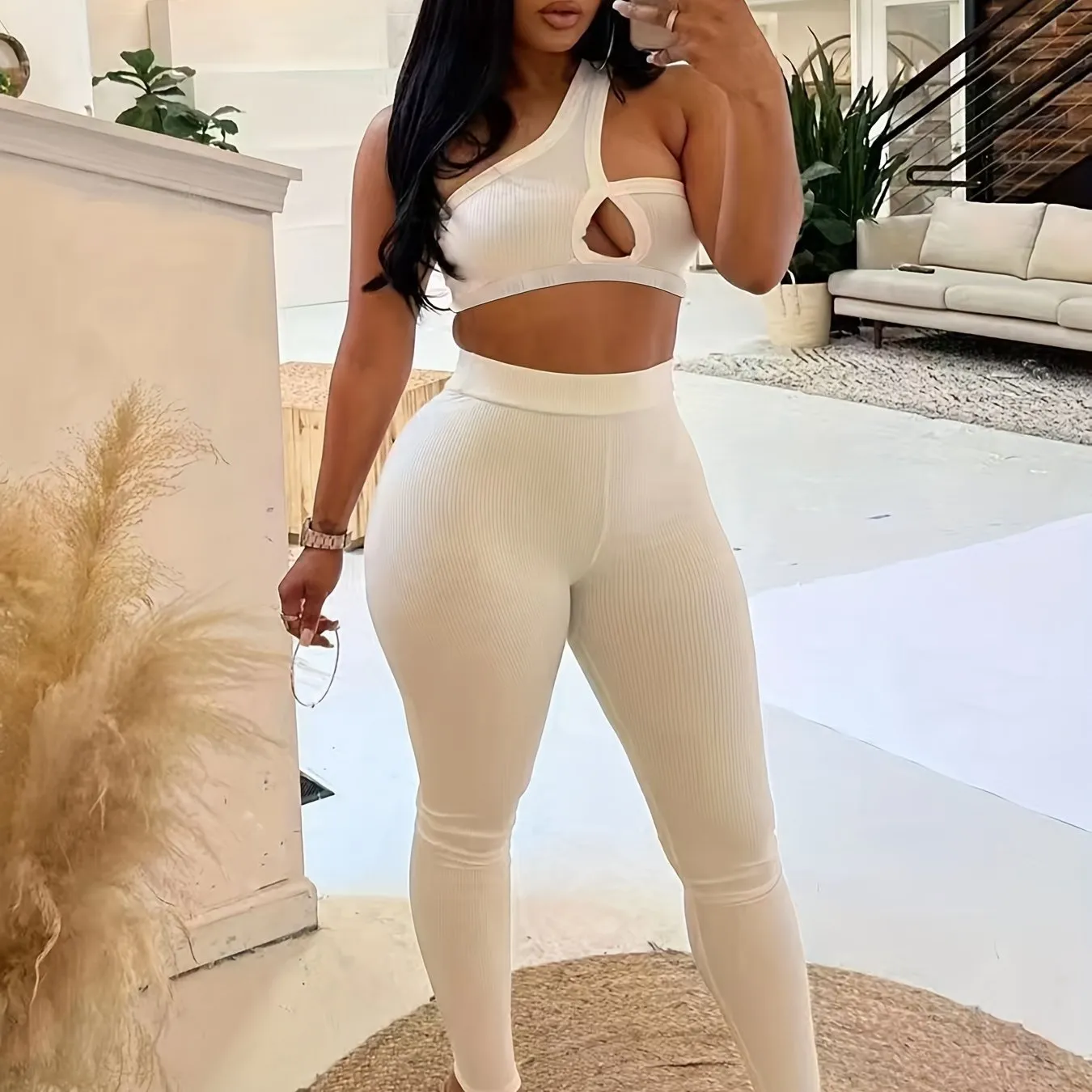 One Shoulder Cut Out Crop Top and High Waist Leggings Set
