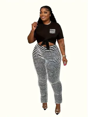 Plus Knitted Stripes High Rise Stretchy  Leggings