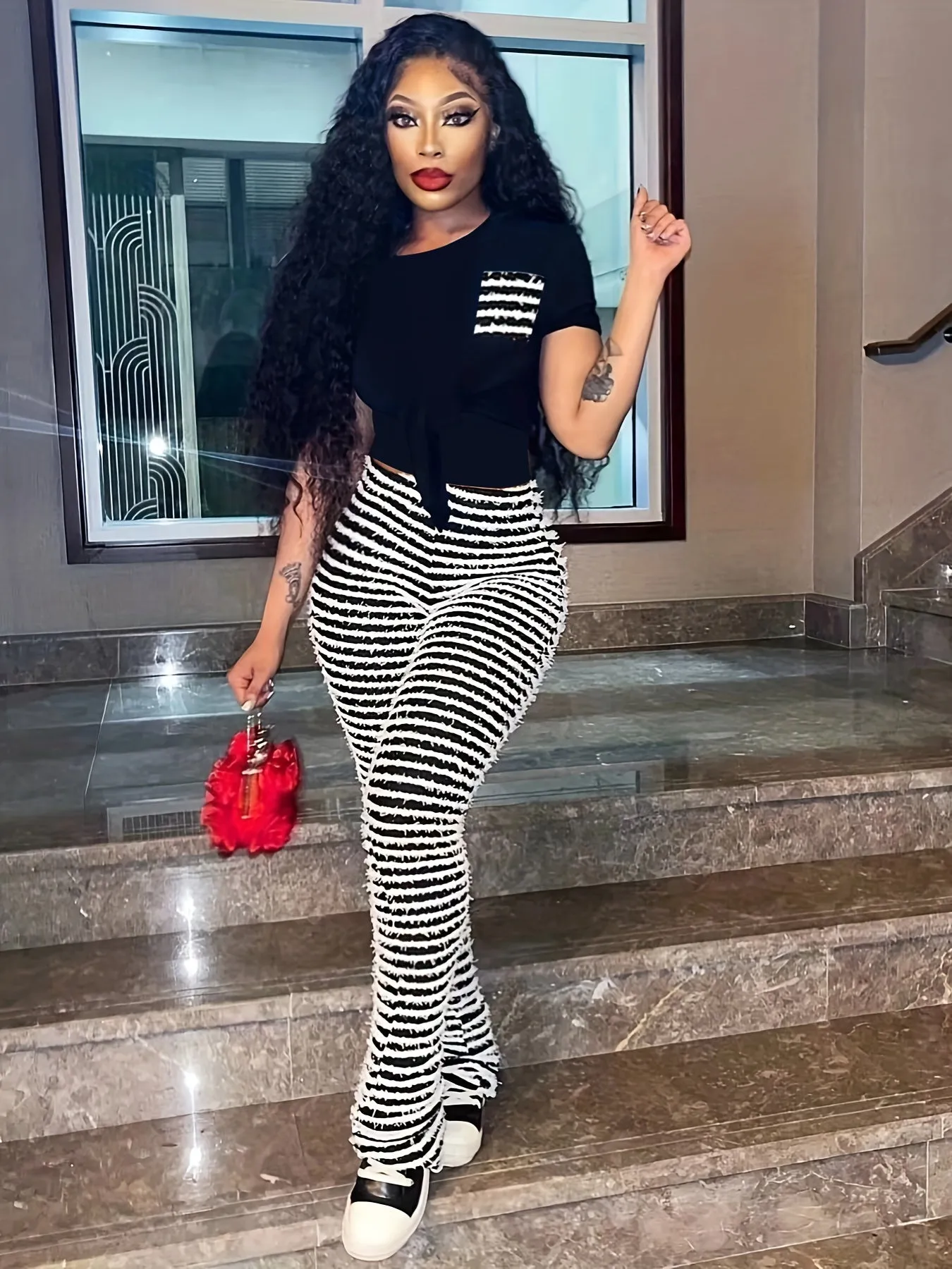 Plus Knitted Stripes High Rise Stretchy  Leggings