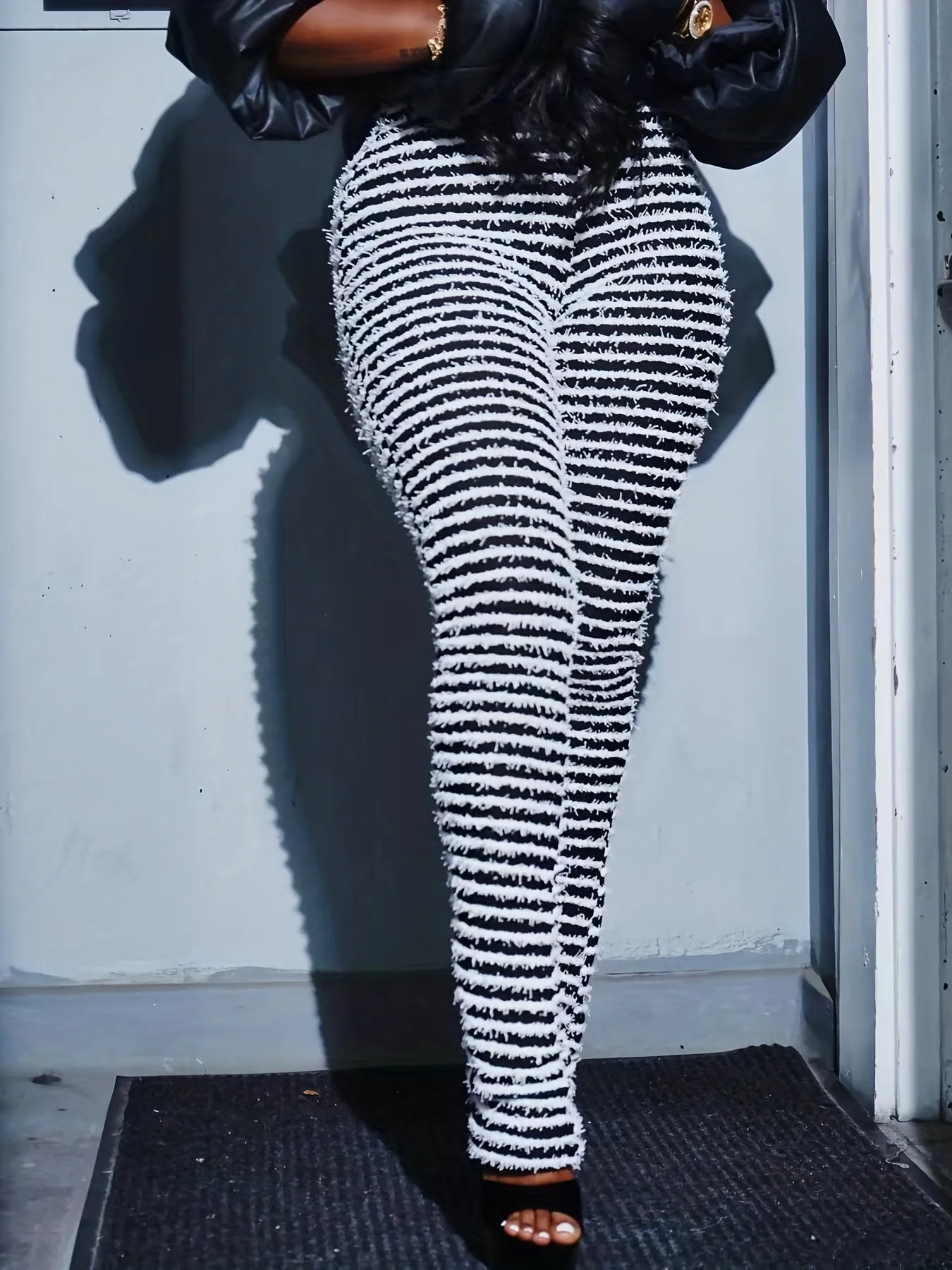 Plus Knitted Stripes High Rise Stretchy  Leggings