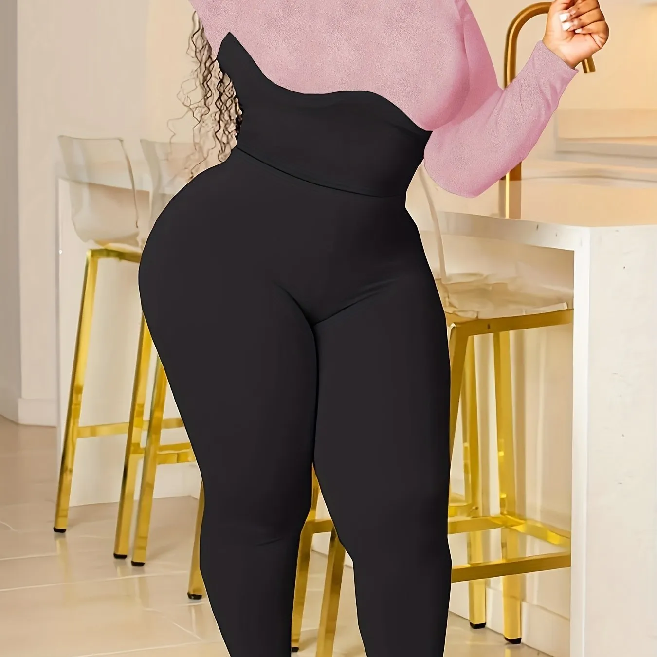 Plus Size  Long Sleeve  Color Block  Rib Fit Top & Leggings  Set
