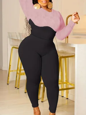 Plus Size  Long Sleeve  Color Block  Rib Fit Top & Leggings  Set