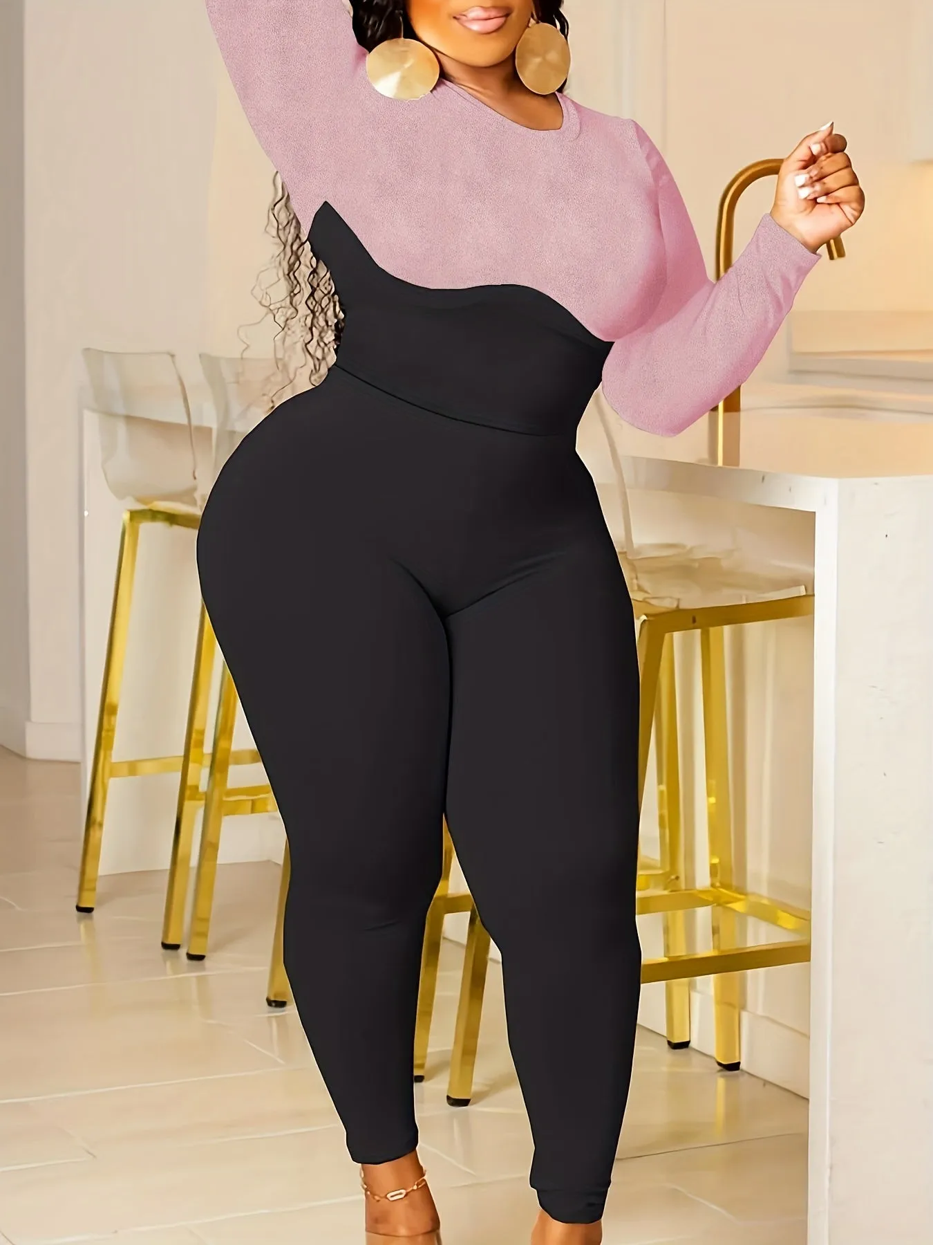 Plus Size  Long Sleeve  Color Block  Rib Fit Top & Leggings  Set