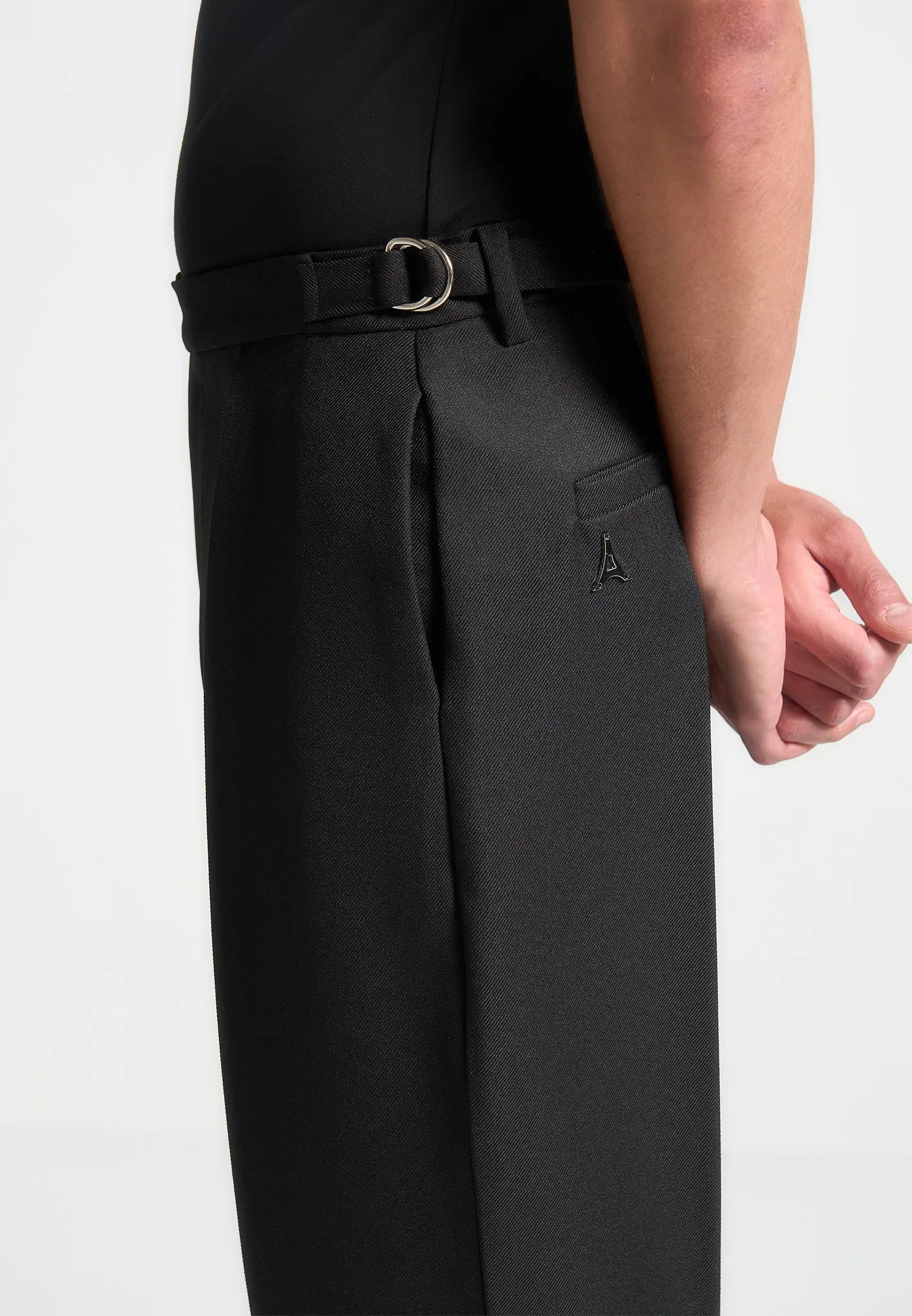 Relaxed Fit Textured Pleated Tailored Trousers - Black