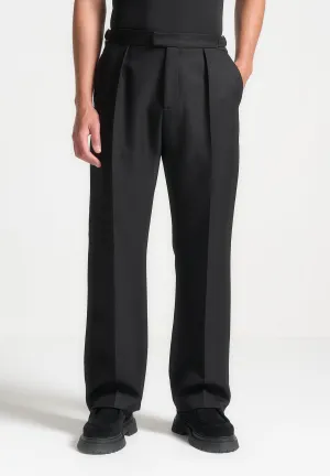 Relaxed Fit Textured Pleated Tailored Trousers - Black