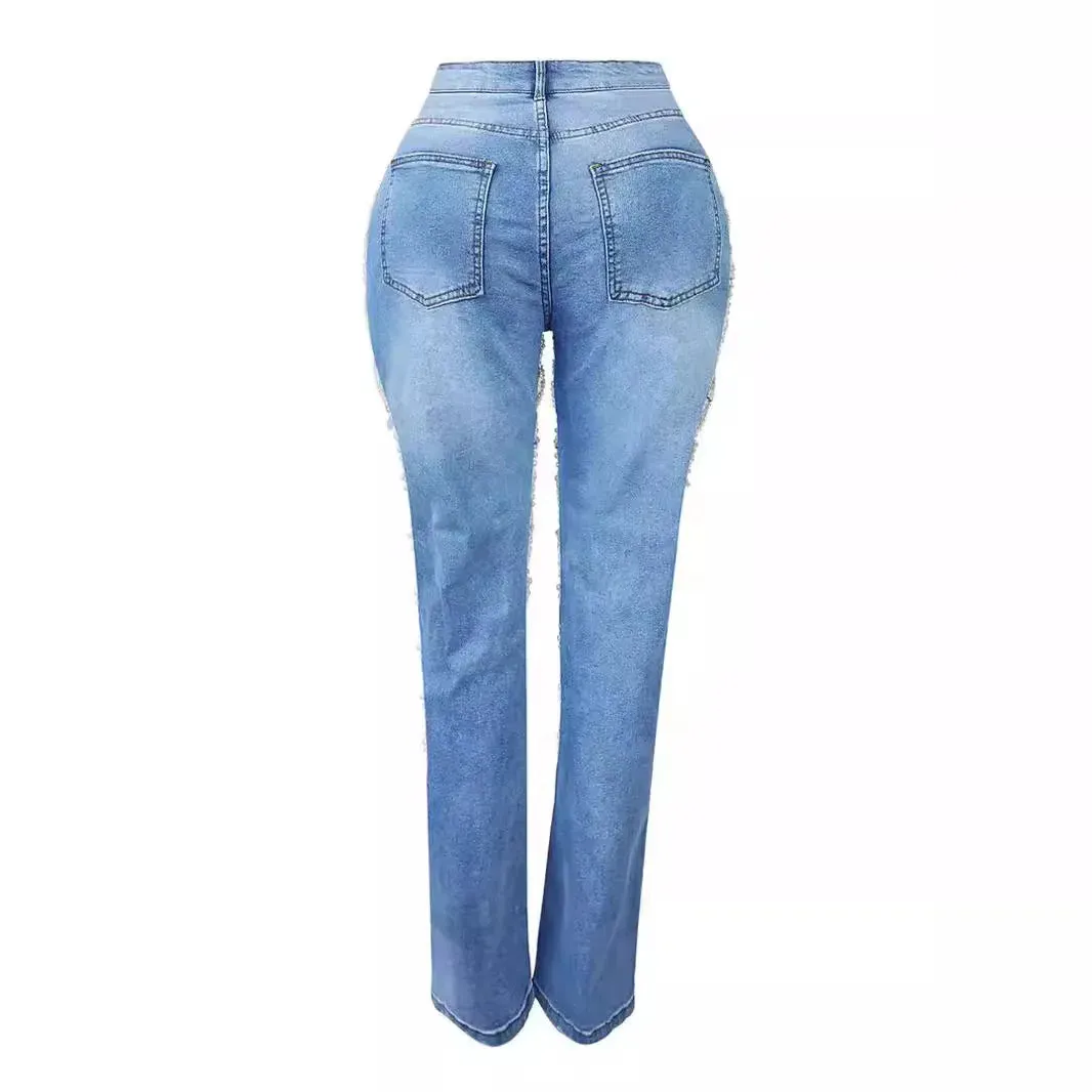 Trend4us Pearl-Embellished Cutout Ripped Denim Jeans