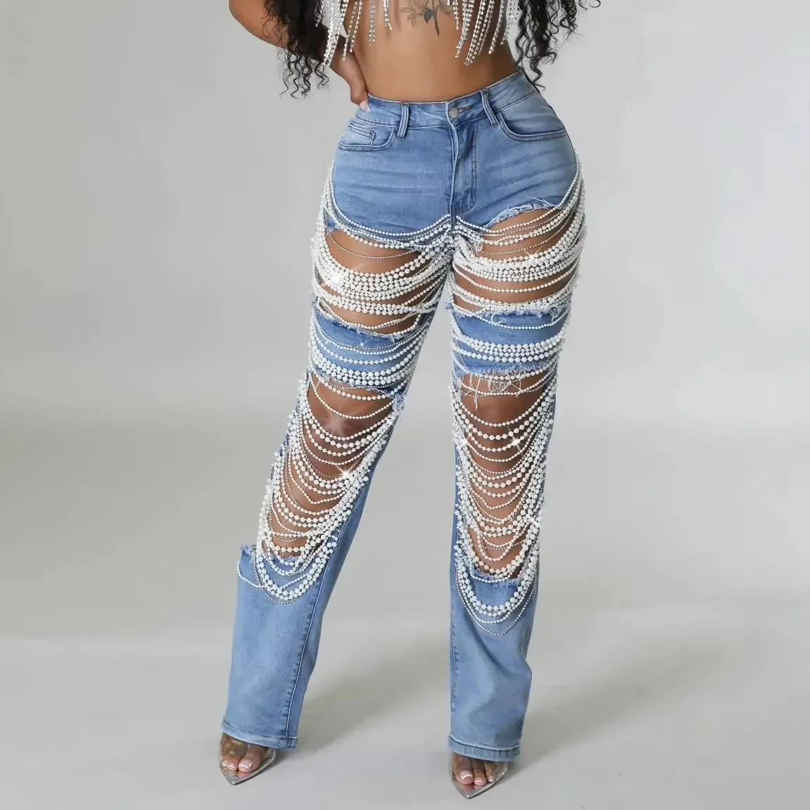 Trend4us Pearl-Embellished Cutout Ripped Denim Jeans