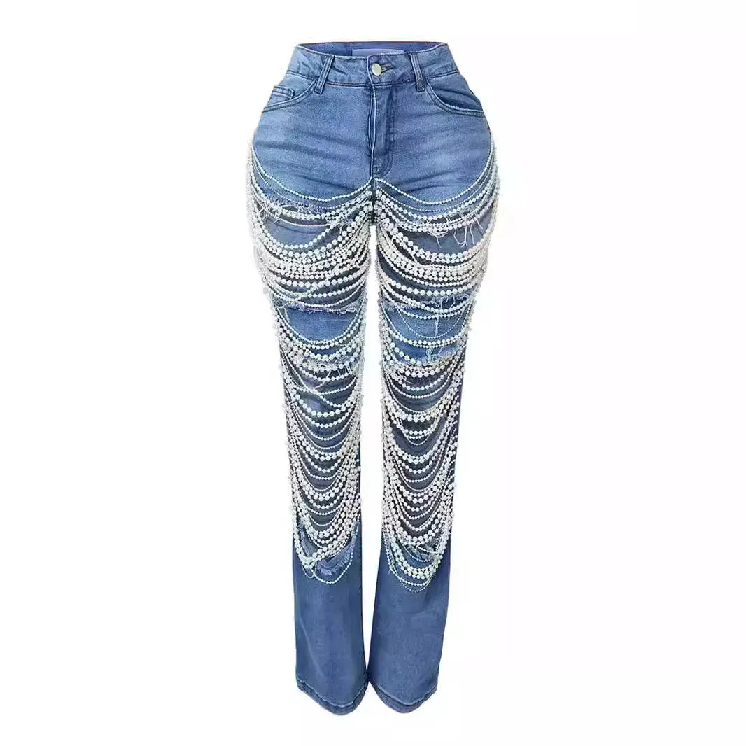 Trend4us Pearl-Embellished Cutout Ripped Denim Jeans