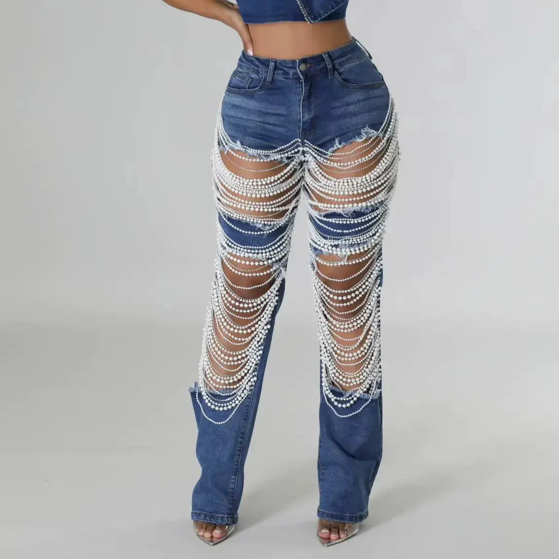 Trend4us Pearl-Embellished Cutout Ripped Denim Jeans