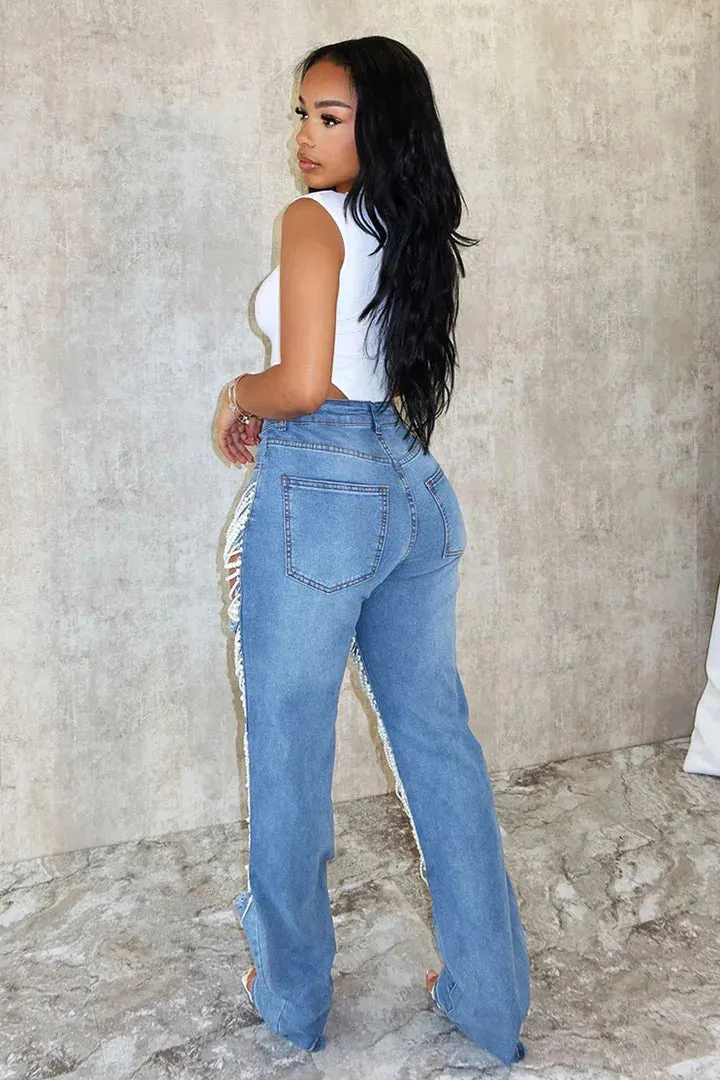 Trend4us Pearl-Embellished Cutout Ripped Denim Jeans