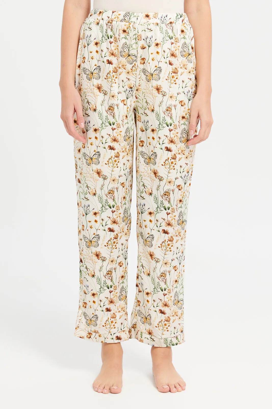 Women Ivory Floral Satin Classic Pyjama Set (2 Piece)