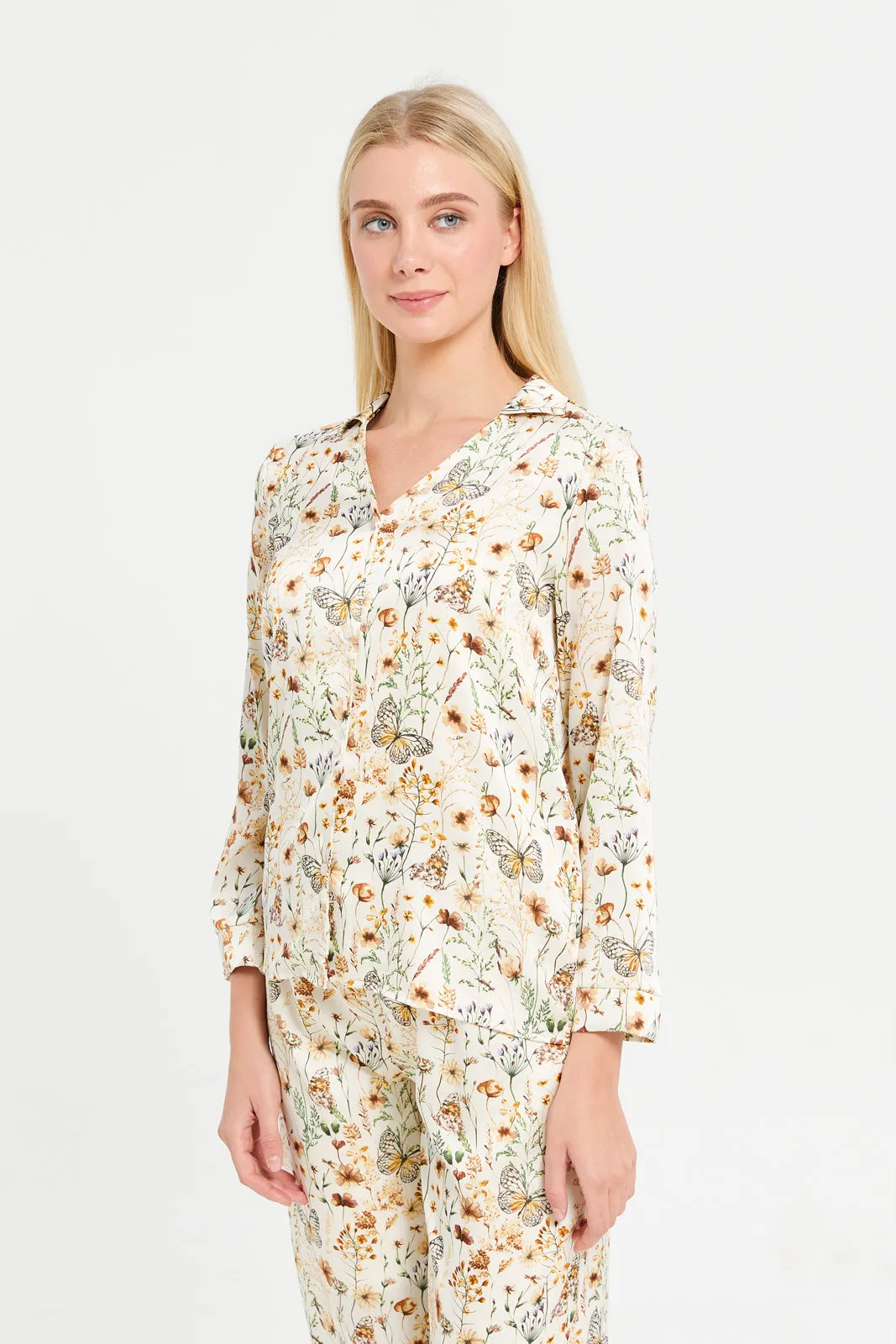 Women Ivory Floral Satin Classic Pyjama Set (2 Piece)