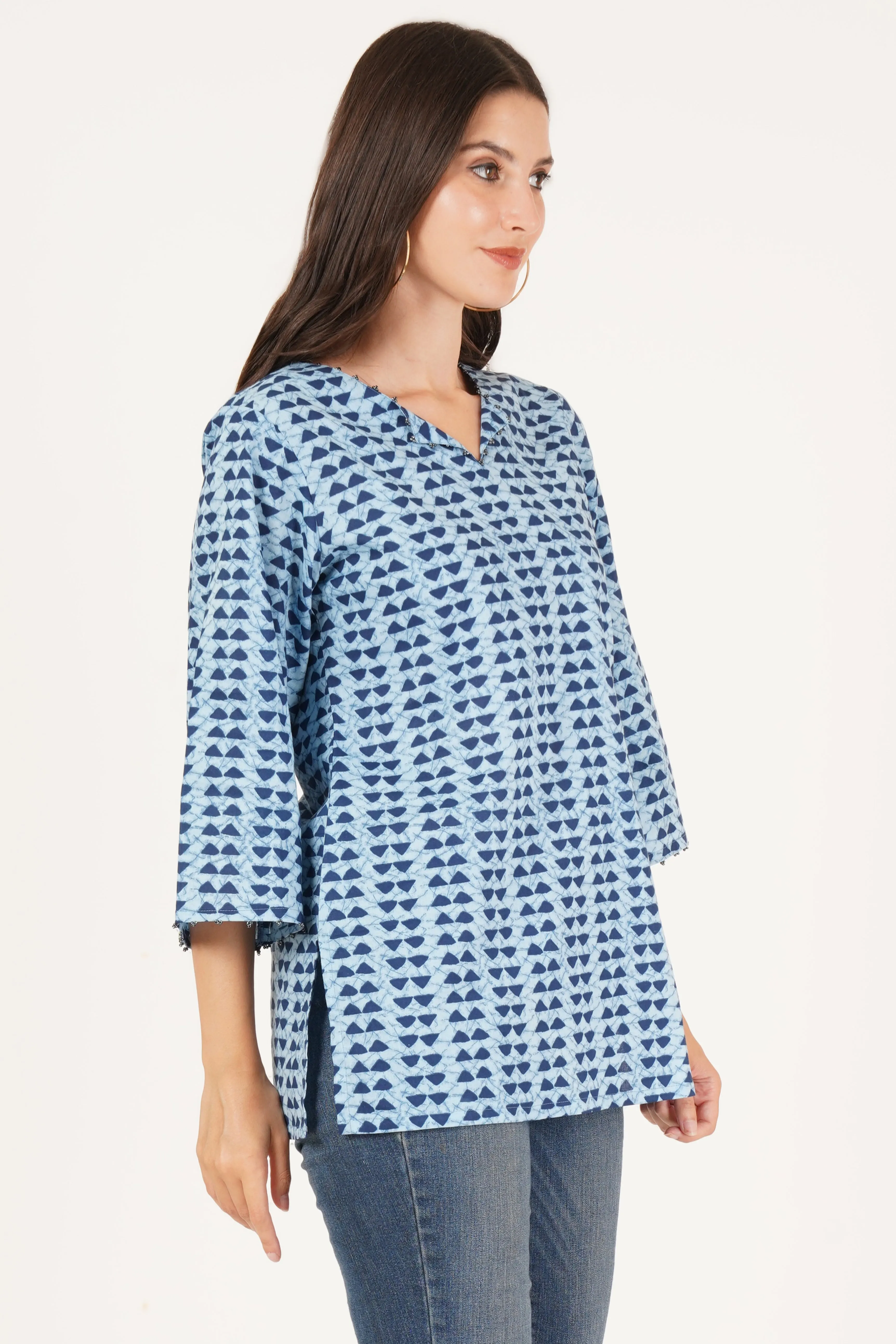 Women's Short Kurti with Unique Blue Patterns